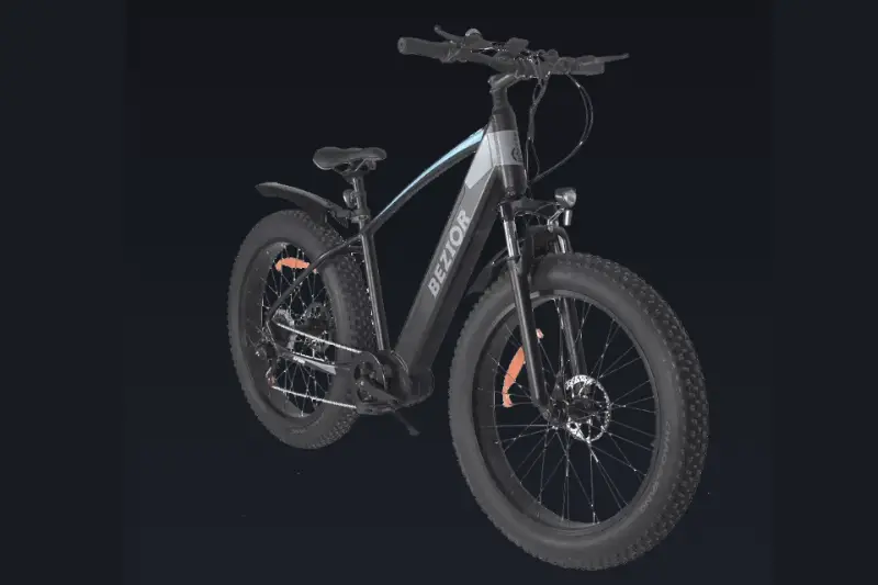 BEZIOR XF800 26" electric city bike with fat tyres in elegant black, highlighting its versatile design for both urban and off-road environments, presented on a sophisticated black background.