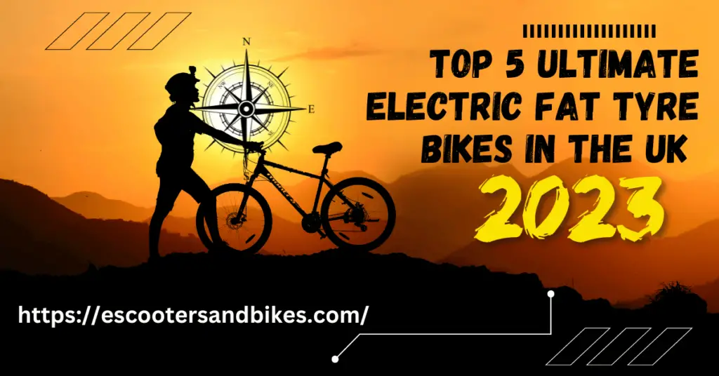 image of a man with his electric bike with text saying "the top 5 ultimate electric fat tyre ebikes in the uk 2023" on a black and orange background