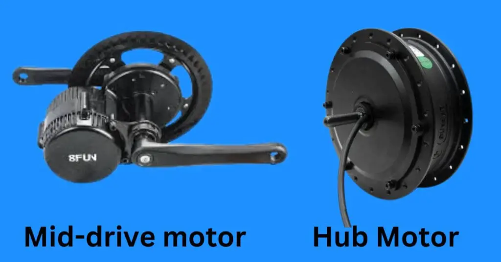 image of a mid-drive motor vs a hub drive motor for an electric bike on a blue background