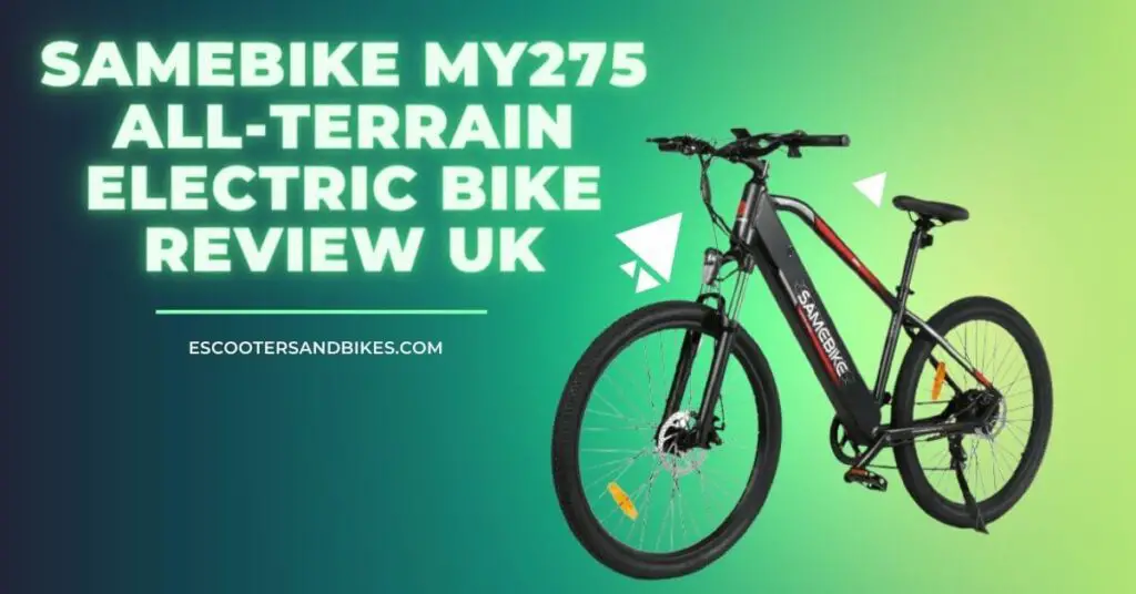 Samebike MY275 e-bike review uk with green background. This UK review highlights the features and performance of the bike, including its electric motor and ability to handle rough terrain.