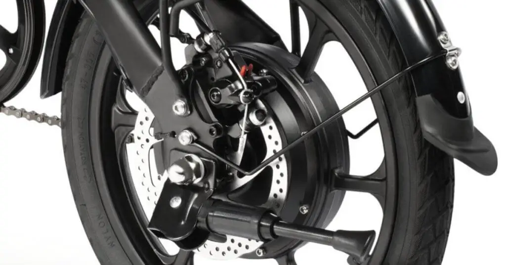 image of the dyu a1f foldable e-bike brakes and backwheel i9n black