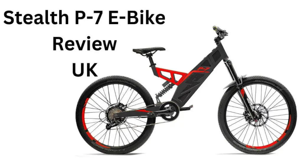 image of the stealth p-7 e-bike in red and black with text saying stealth p-7 e-bike review uk on it