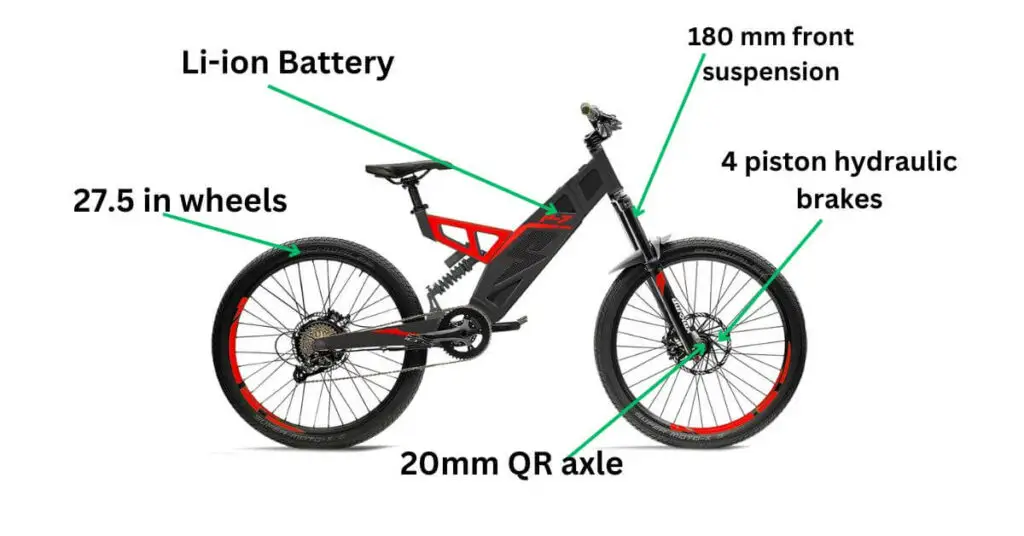 image of the stealth p-7 for the article stealth p-7 e-bike review uk. with text saying li-ion battery, 27.5 in wheels, 20mm qr axle, 4 piston hydraulic brakes and 180mm front suspension