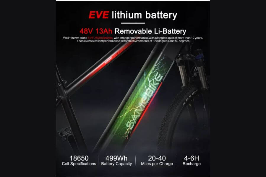 samebike my275 battery specs and range and text saying "eve lithium battery"