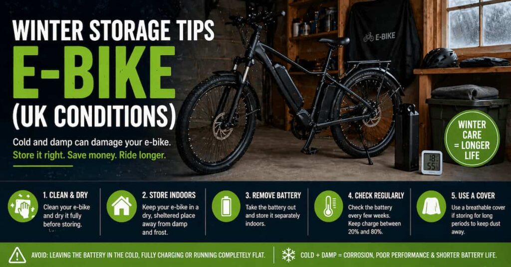 electric bike stored indoors in UK garage to protect battery and prevent damage