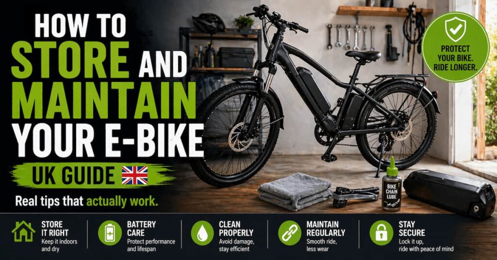 electric bike stored in UK garage with cleaning tools and battery showing proper e-bike maintenance setup. text saying how to store and maintain your e-bike uk