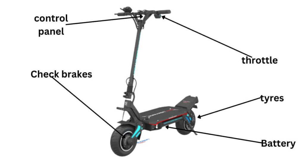 image of an electric scooter and arrows pointing to the different components to check with text naming all the components