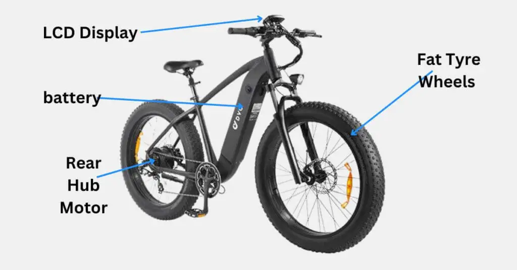 DYU King 750 electric bike with arrows pointing to the main points of the bike like battery and fat tyre wheels