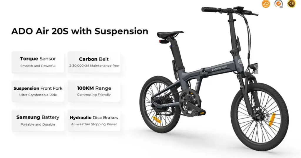 an image of the ADO Air 20 Electric Bike  and text next to it saying ADO Air 20s with suspension