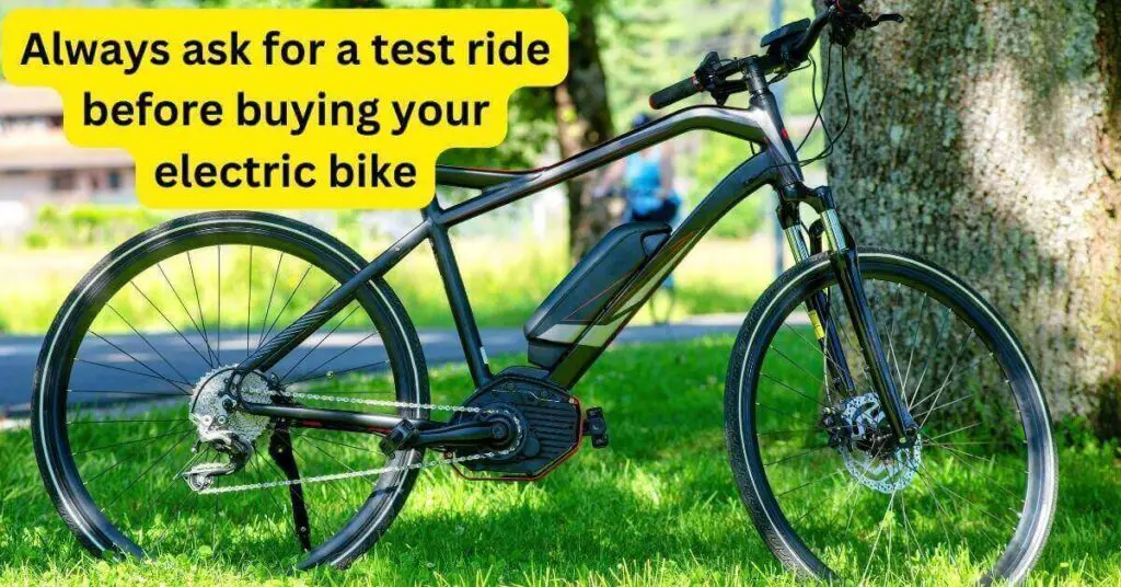 an image of an electric bike next to a tree and on grass. it also has text that says Always ask for a test ride before buying your electric bike