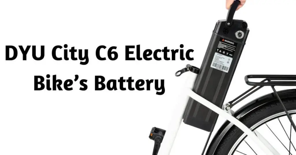 an image of the dyu city c6 electric bike's battery and text next to it that reads dyu city c6 electric bike's battery