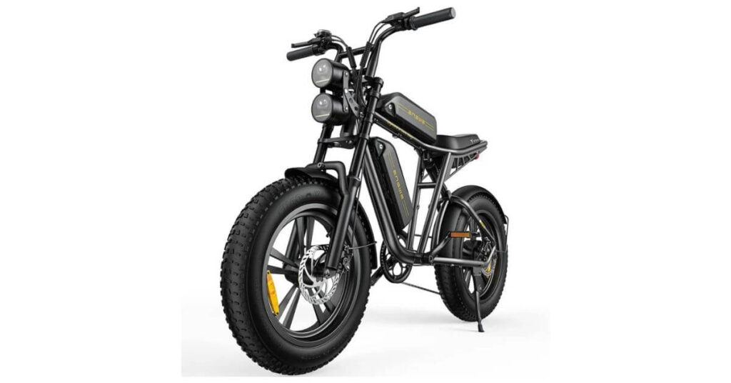 an image of the engwe m20 electric bike front view, in green and black