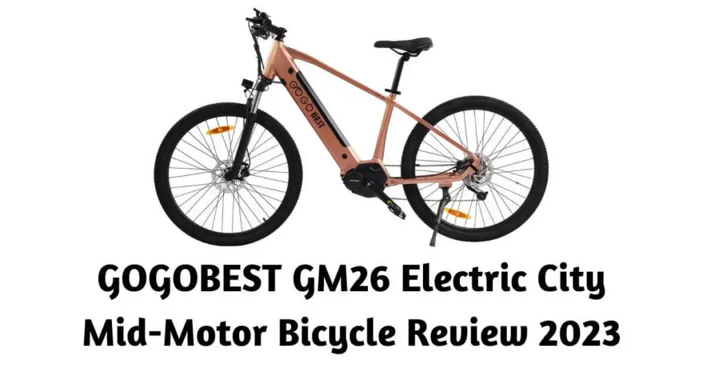 an image of the GOGOBEST GM26 Electric City Mid-Motor Bicycle in light brown and black and text underneath saying GOGOBEST GM26 Electric City Mid-Motor Bicycle Review 2023 UK: