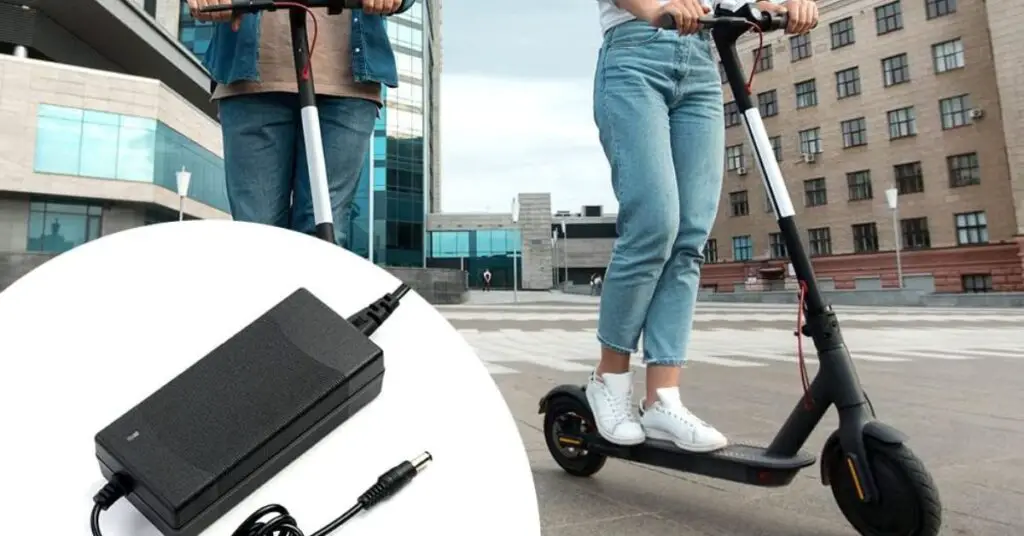 an image of two electric scooters and an  an electric scooter charger
