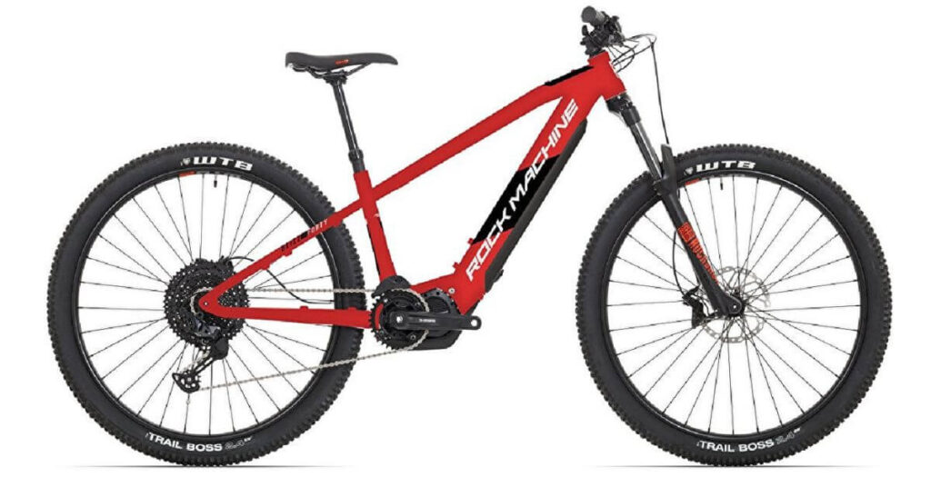 an image of a rock machine blizz electric bike in red and black