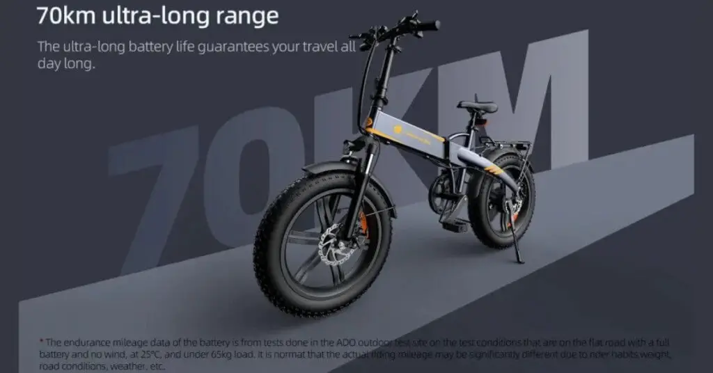 an image of a ADO A20F XE e-bike and its battery range information