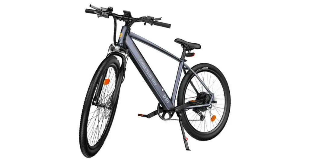 A close-up view of the silver ADO DECE 300 City Electric Bike, highlighting its sleek frame and advanced technological features