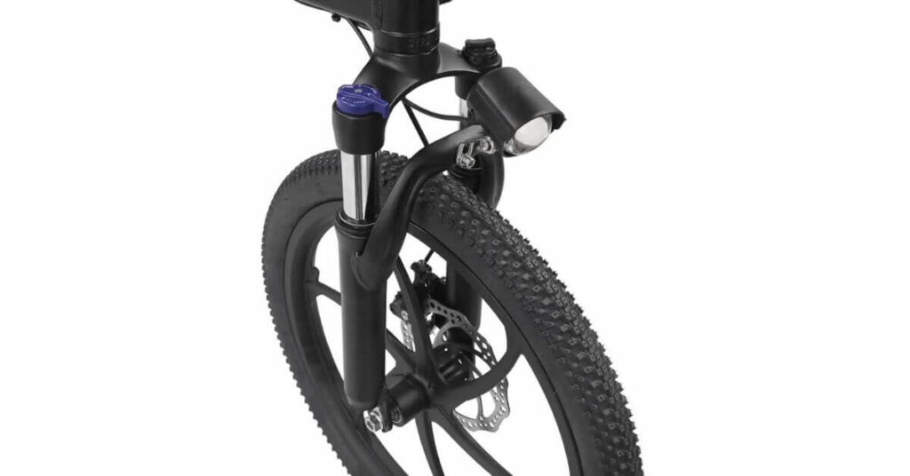 an image of the the DAYLYRIDE Gray Fox YA20 foldable electric bike front wheel and light