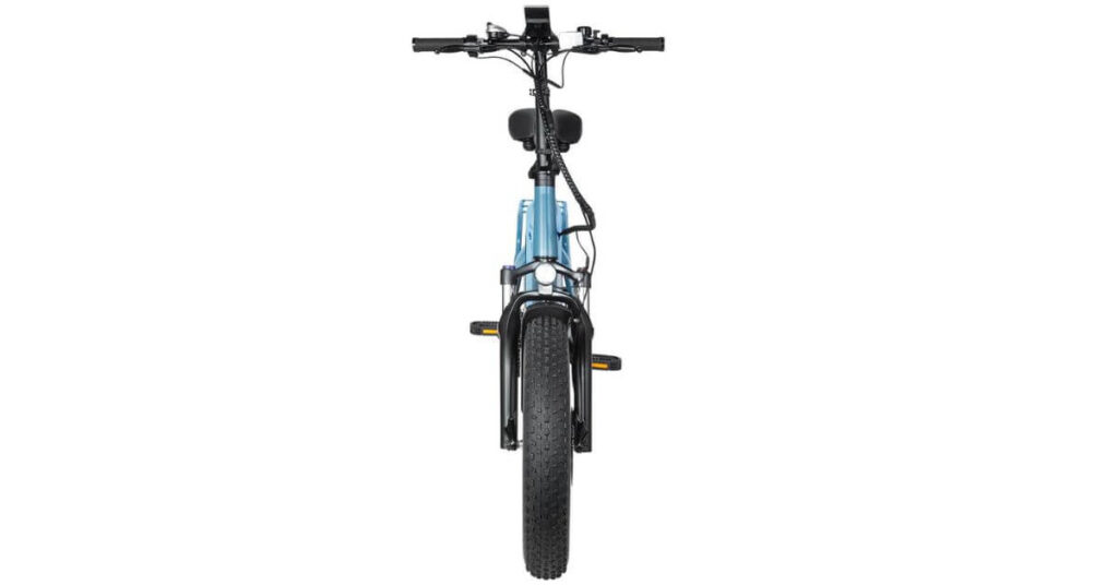 Frontal view of the DYU FF500 Folding Cargo E-Bike in light blue, highlighting its robust frame and distinctive design features.