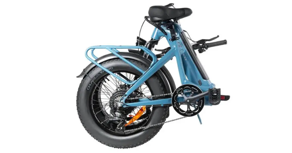 Light blue DYU FF500 Folding Cargo E-Bike in its compact folded position side view, showcasing its versatility and sleek design