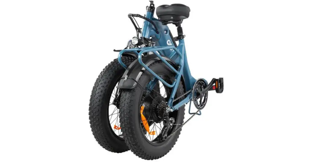 Light blue DYU FF500 Folding Cargo E-Bike in its compact folded position, showcasing its versatility and sleek design.