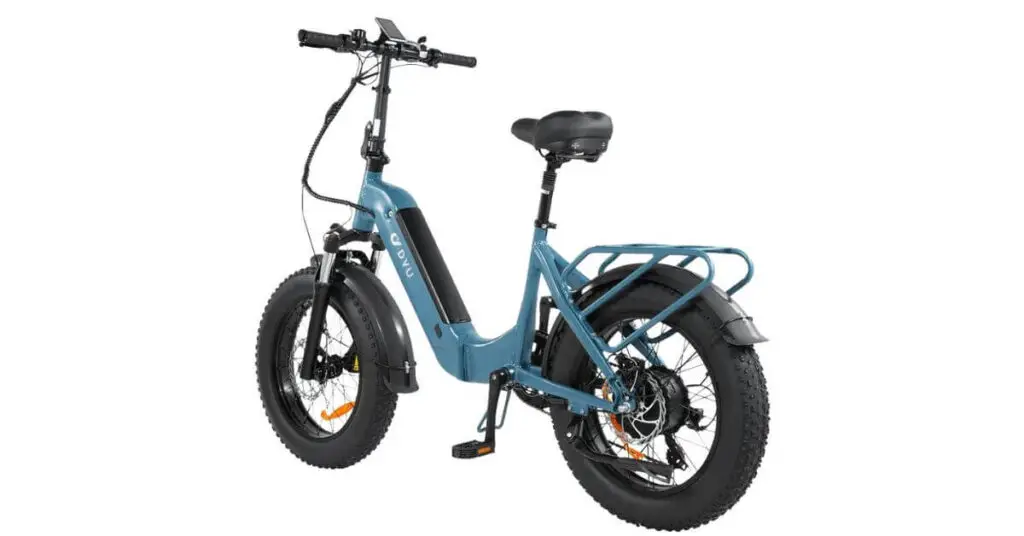 an image of a DYU FF500 Folding Cargo E-Bike in light blue and black