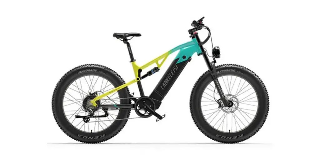 an image of a  LANKELEISI RV800 Plus Electric Mountain Bike in green, yellow and black