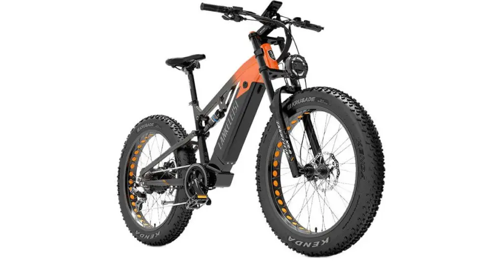 an image of a LANKELEISI RV800 Plus electric mountain bike in black and light brown