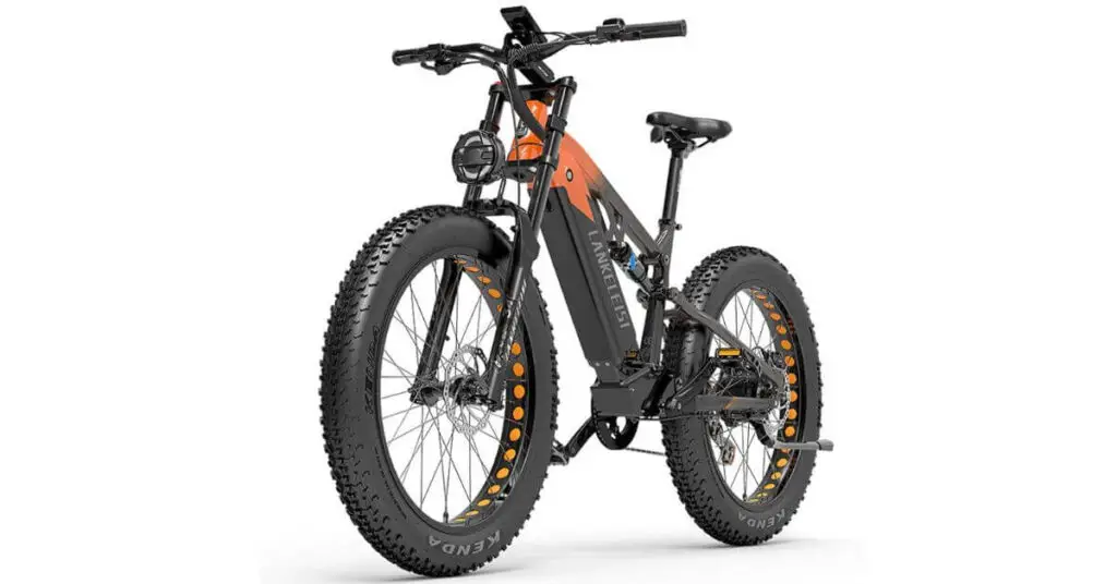 an image of a LANKELEISI RV800 Plus electric mountain bike in black and light brown