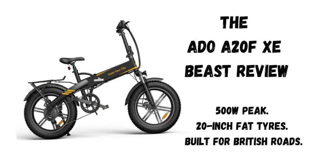 the ado a20f xe electric bike image with text saying the ado a20f xe beast review