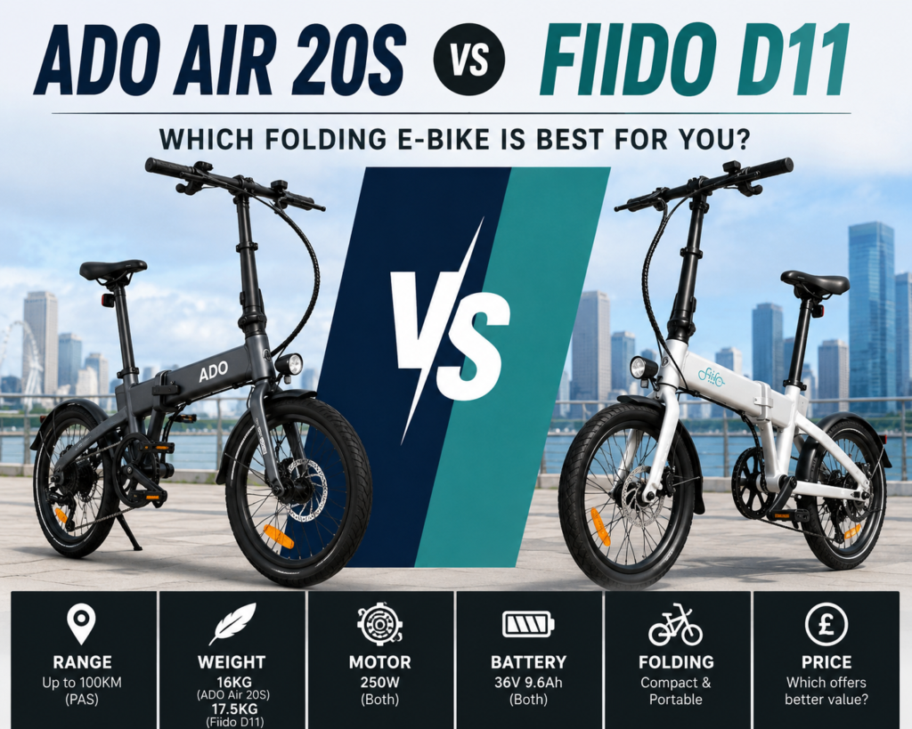 ADO Air 20S vs Fiido D11 comparison image featuring two folding electric bikes side by side with key specifications for UK commuter riders