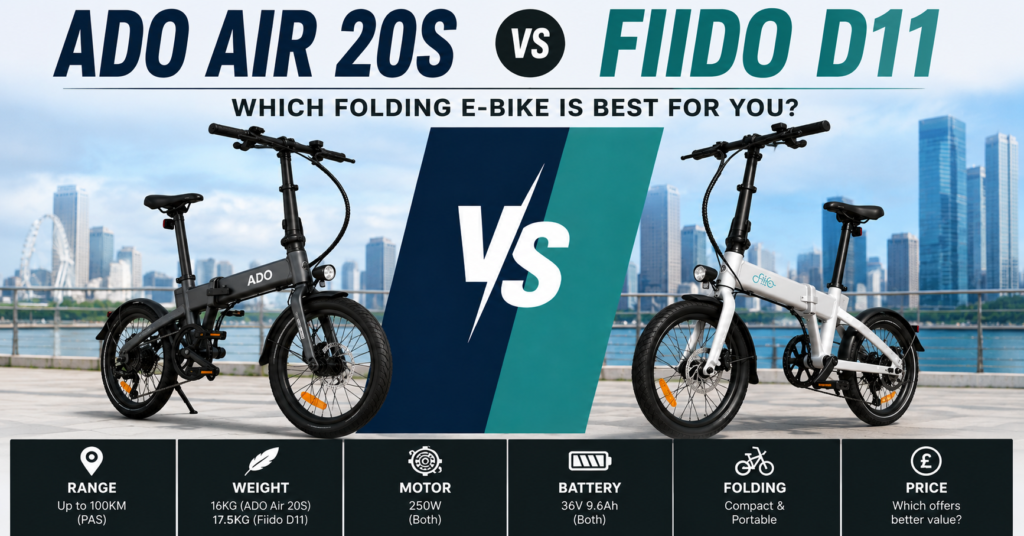 ADO Air 20S vs Fiido D11 folding electric bike comparison showing both e-bikes side by side for UK commuters