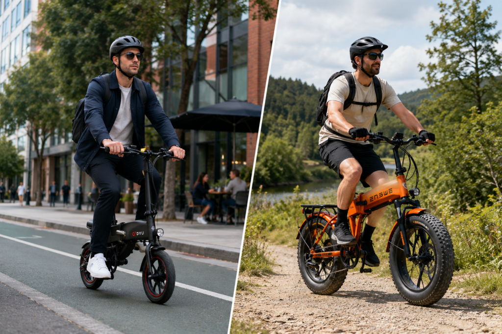 DYU A5 vs ENGWE EP-2 Pro real-world comparison showing urban commuting and off-road riding use cases