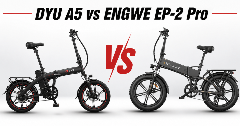 an image of a dyu a5 e-bike on the left and an engew ep-2 pro e-bike on the right with a vs sign in the middle and text at the top saying dyu a5 vs engwe ep-2 pro