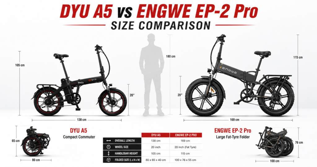 DYU A5 vs ENGWE EP-2 Pro size comparison showing dimensions, wheel sizes and folded footprint