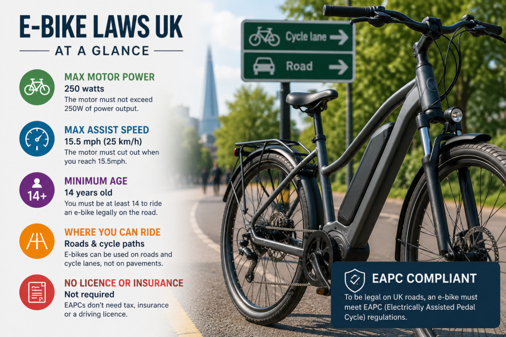 an e-bike on the road and text saying e-bike laws uk at a glance