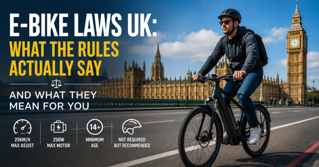 e on the road being ridden by a man and text saying e-bike laws uk